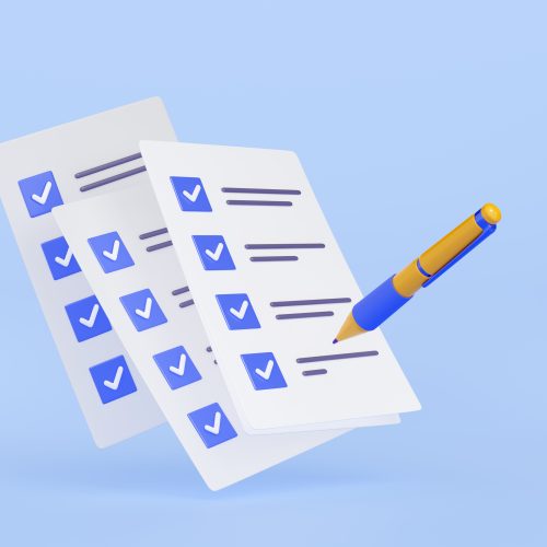 3D illustration of pen putting blue ticks on checklist papers. Election voting, successful fulfillment of business tasks, action plan for effective time management, quality control assessment form